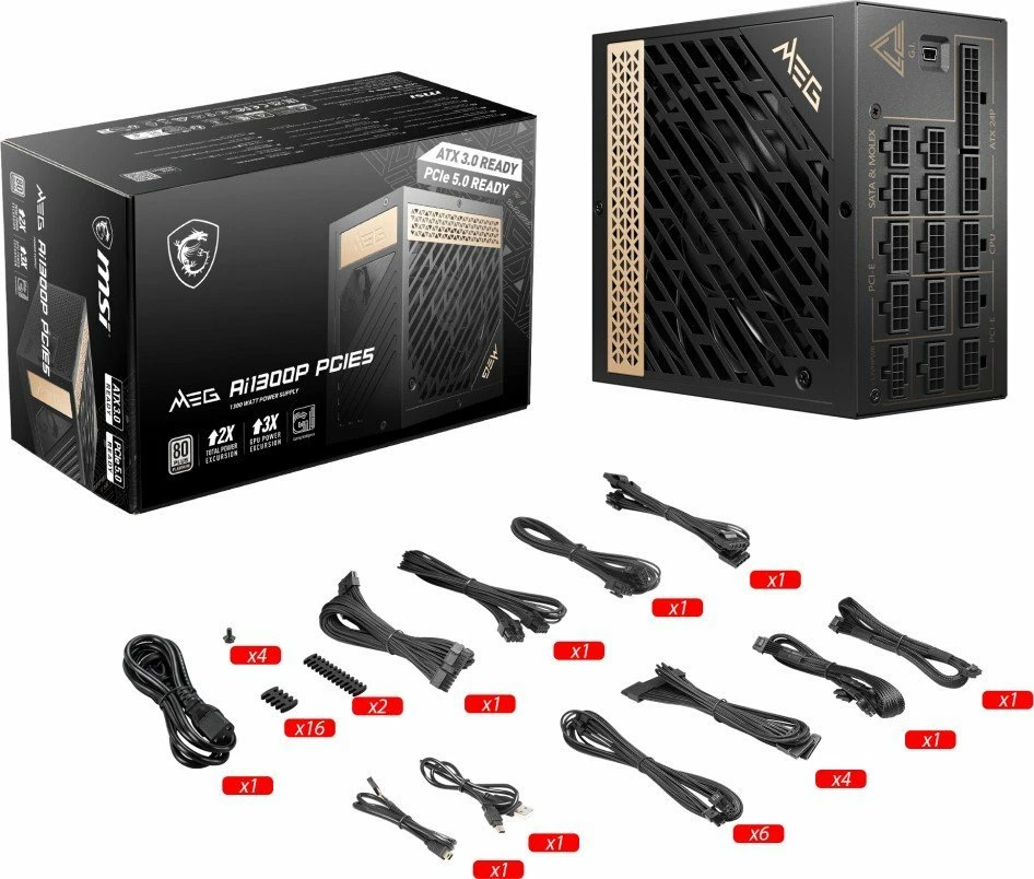 Furnizues energjie MSI MEG Ai1300P PCIE5 1300W, ATX 3.0, 80 Plus Platinum, plotësisht modular, i zi