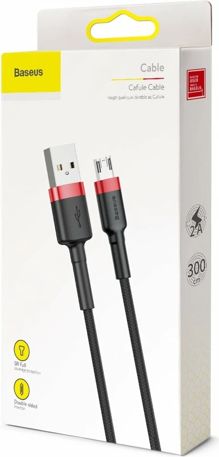 Kabllo Baseus Cafule, USB në micro USB, 3m, 2A, e zezë-kuqe
