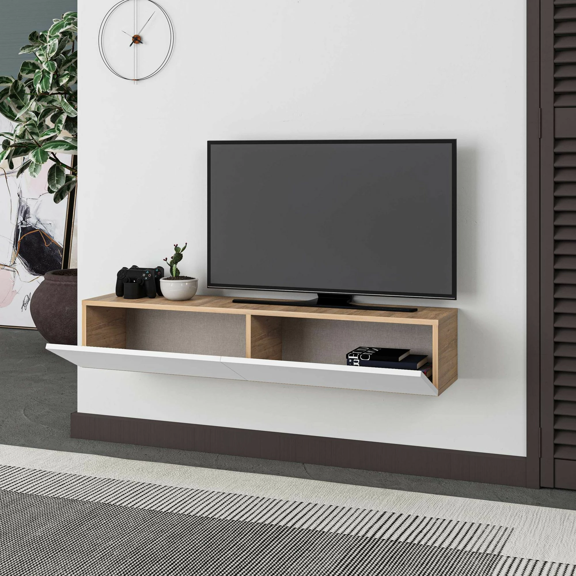 Komodë TV Francy 135, ngjyrë lis safir dhe e bardhë, Skye Decor
