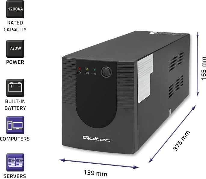 Kasë UPS Qoltec 53775, 1200VA, 720W, e zezë