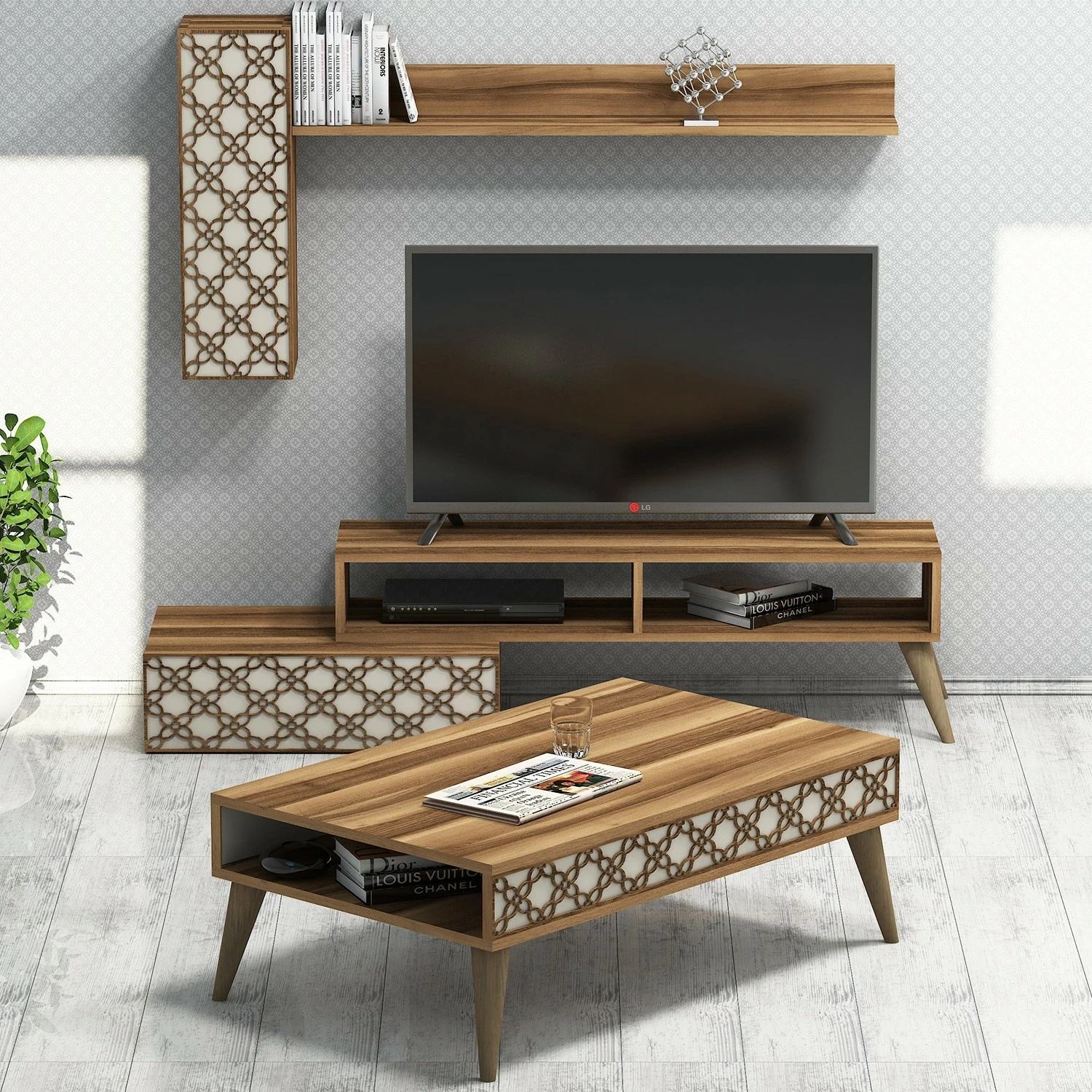 Set mobiljesh për dhomë dite Skye Decor, ngjyrë arrë, krem, Planet