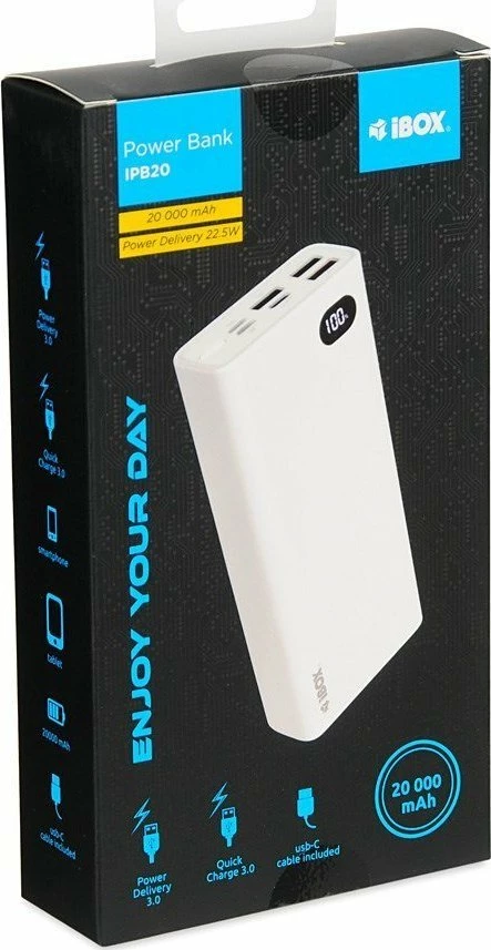 Powerbank iBOX PB20 20000mAh, 22.5W, QC 3.0/PD, me display, 2x USB-A + 1x USB-C, i bardhë, me kabllo USB-C