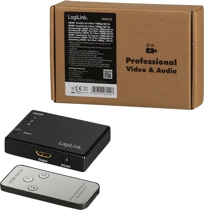 Switch HDMI 3x1 LogiLink HD0042 me telekomandë, 1080p, e zezë