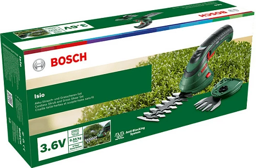 Gërshërë bari me bateri Bosch ISIO 3, 1.5Ah, 3.6V, me dorezë teleskopike, e zezë/jeshile