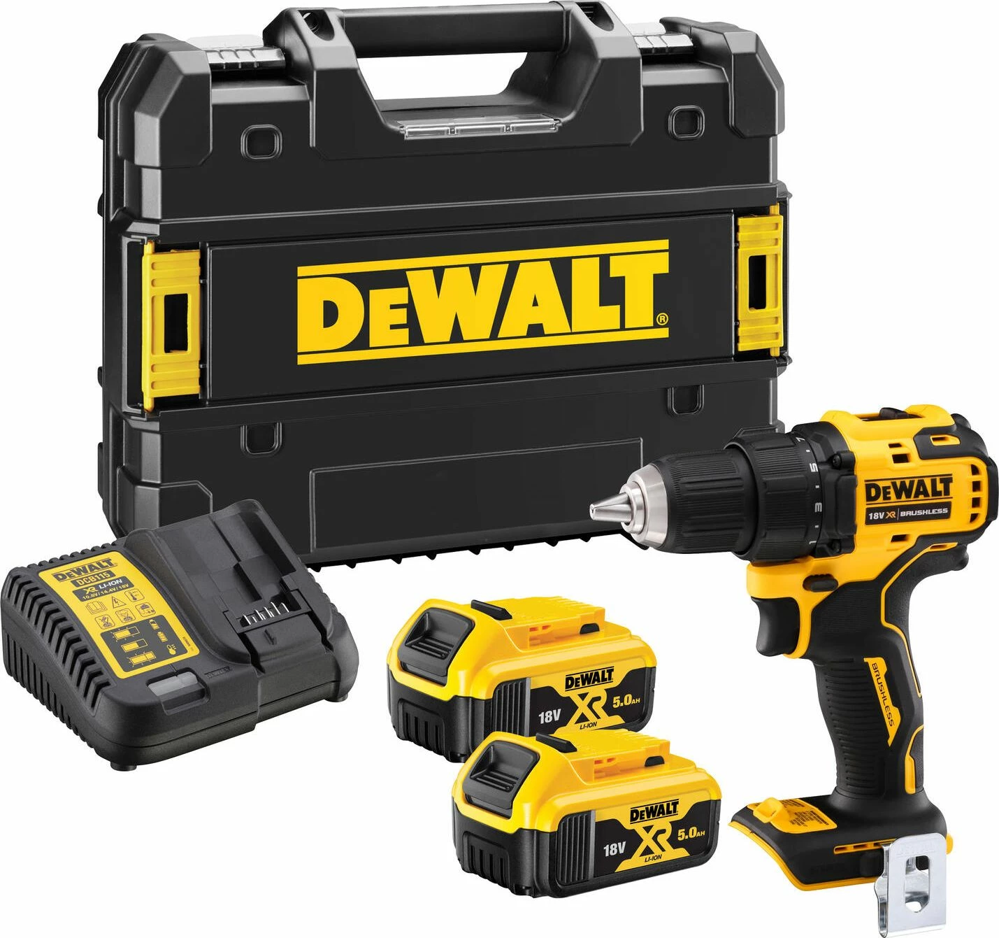 Trapan/vidhosës me bateri DeWalt DCD708P2T 18 V, brushless, 2x 5 Ah, 65 Nm, mandrinë 13 mm, me karikues & valixhe TSTAK, verdhë/zi