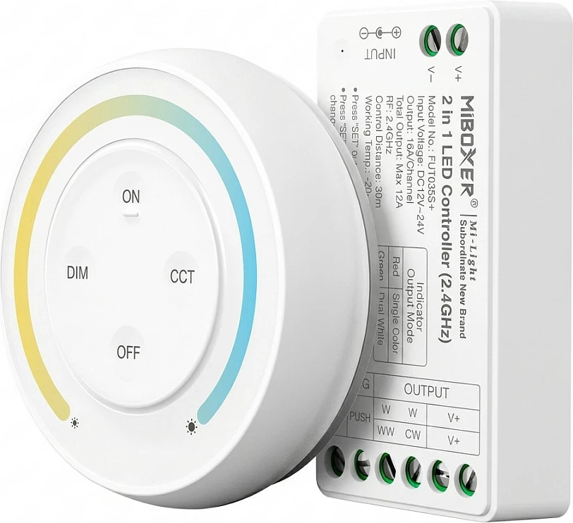 Kontroller dimmeri LED Miboxer 2.4G RF+Push, 12-24V, 2-në-1 (Single/CCT), i bardhë