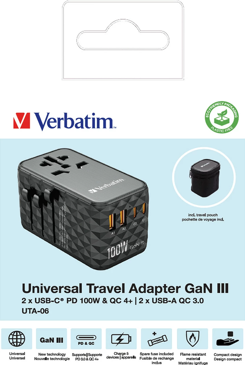 Adapter udhëtimi Verbatim UTA-06 GaN III, 100W, 2x USB-C PD, 2x USB-A QC, i zi