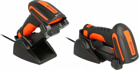 Skaner barkodi DeLOCK 1D/2D, Bluetooth 4.1 / RF 2.4 GHz, bazë karikimi induktive, 1800 mAh, zi/portokalli