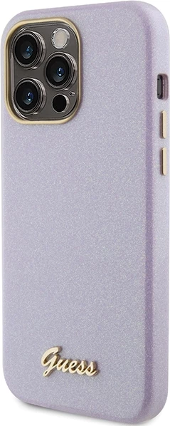 Mbështjellës Guess Glitter Glossy Script për iPhone 15 Pro, vjollcë