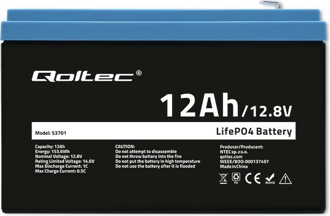 Bateri LiFePO4 Qoltec 53701, 12.8V, 12Ah, 153.6Wh, me BMS