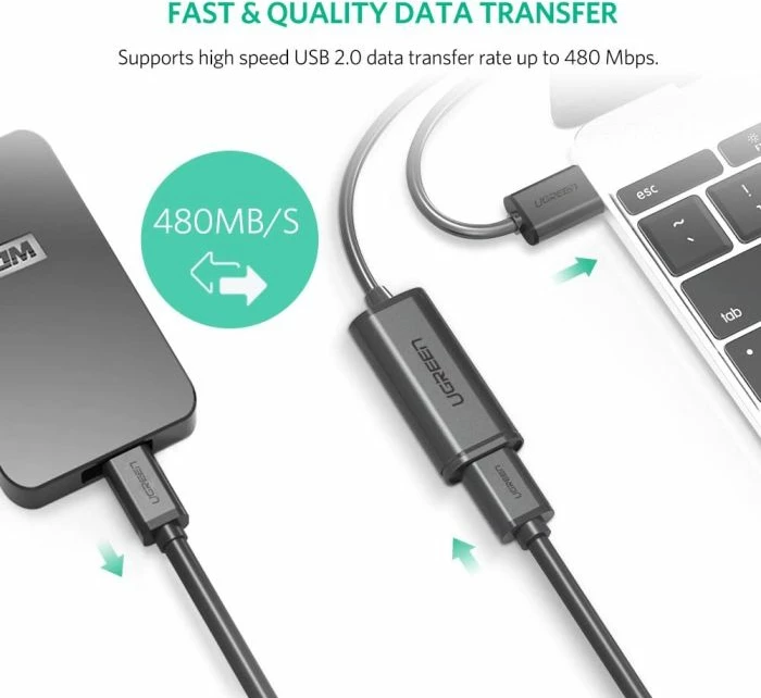 Kabllo zgjatëse USB 2.0 aktive UGREEN 10324, 20m, me amplifikator sinjali, 480Mbps, e zezë, me kuti