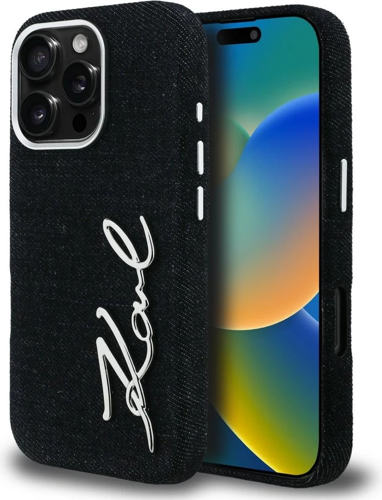 Mbështjellës Karl Lagerfeld Signature Jeans për iPhone 16 Pro, MagSafe, denim/eko-lëkurë, i zi, në kuti