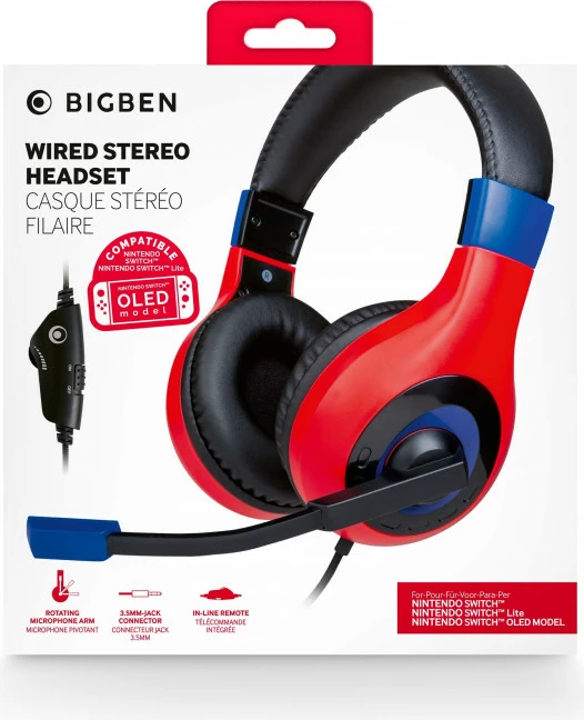 Kufje gaming Nacon Bigben Nintendo Switch Headset Mario, stereo, me mikrofon, me kabllo 3.5mm, 40mm driver, Kuqe/Kaltër
