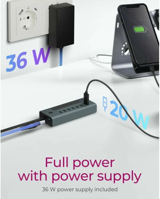 USB-C hub ICYBOX IB-HUB1457-C31 7-port USB 3.2 Gen 2 10 Gbit/s me PD 20 W, gri/blu