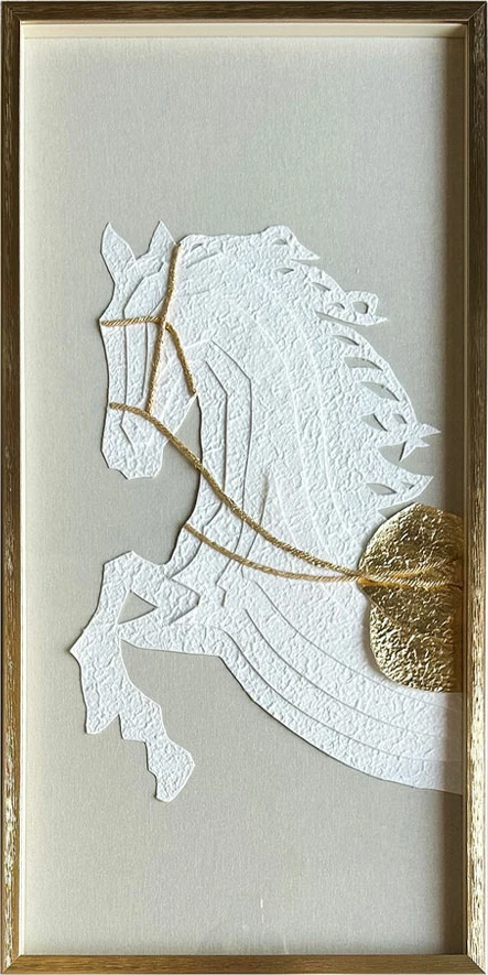 Pikturë dekorative Russell, letër, xham, bezhë, e bardhë, ari, 50x100x3cm