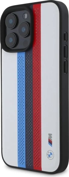 Mbështjellës BMW M Performance Tricolor Stripes për iPhone 16 Pro Max, MagSafe, i bardhë