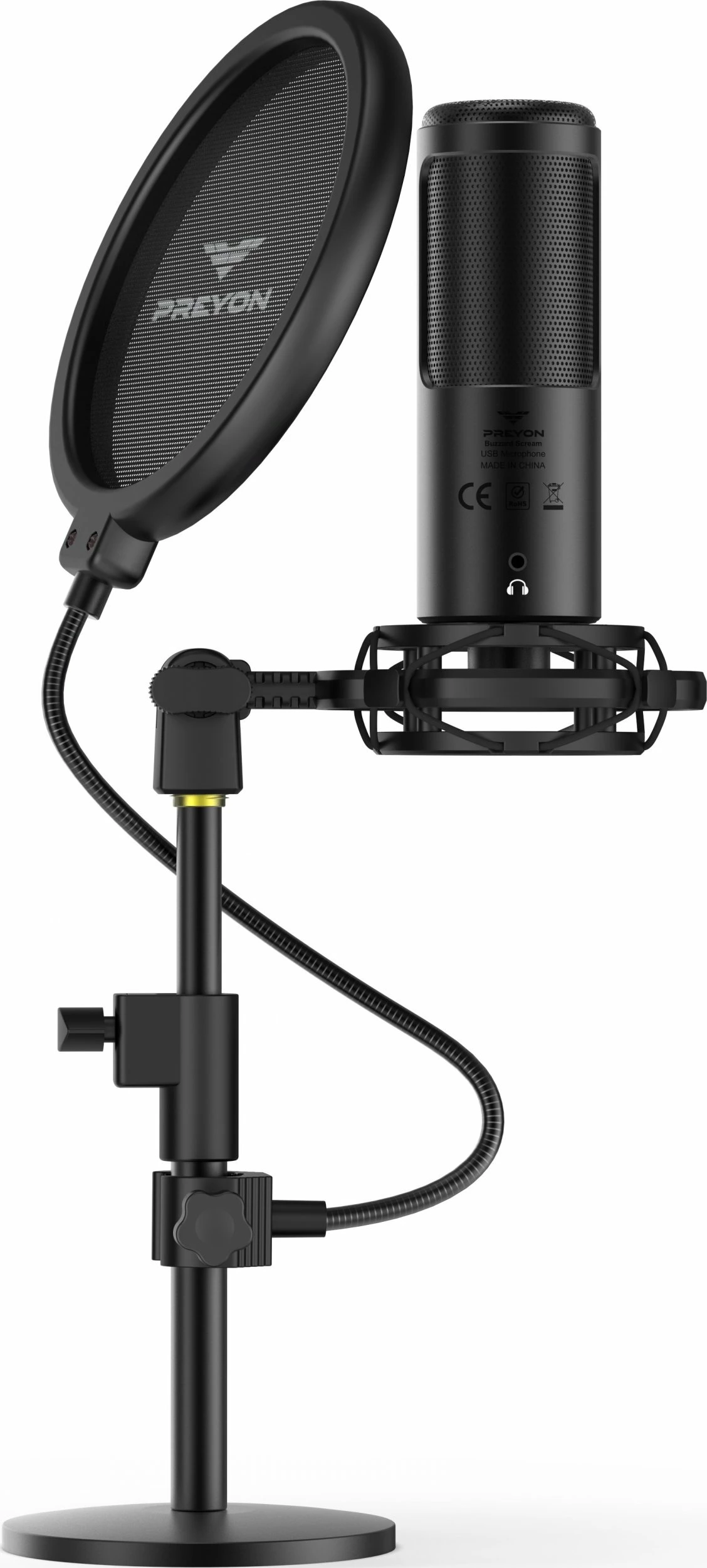 Mikrofon PREYON Buzzard Scream PBS43B, USB-C/3.5mm, kardioid, me stand dhe pop filter, i zi