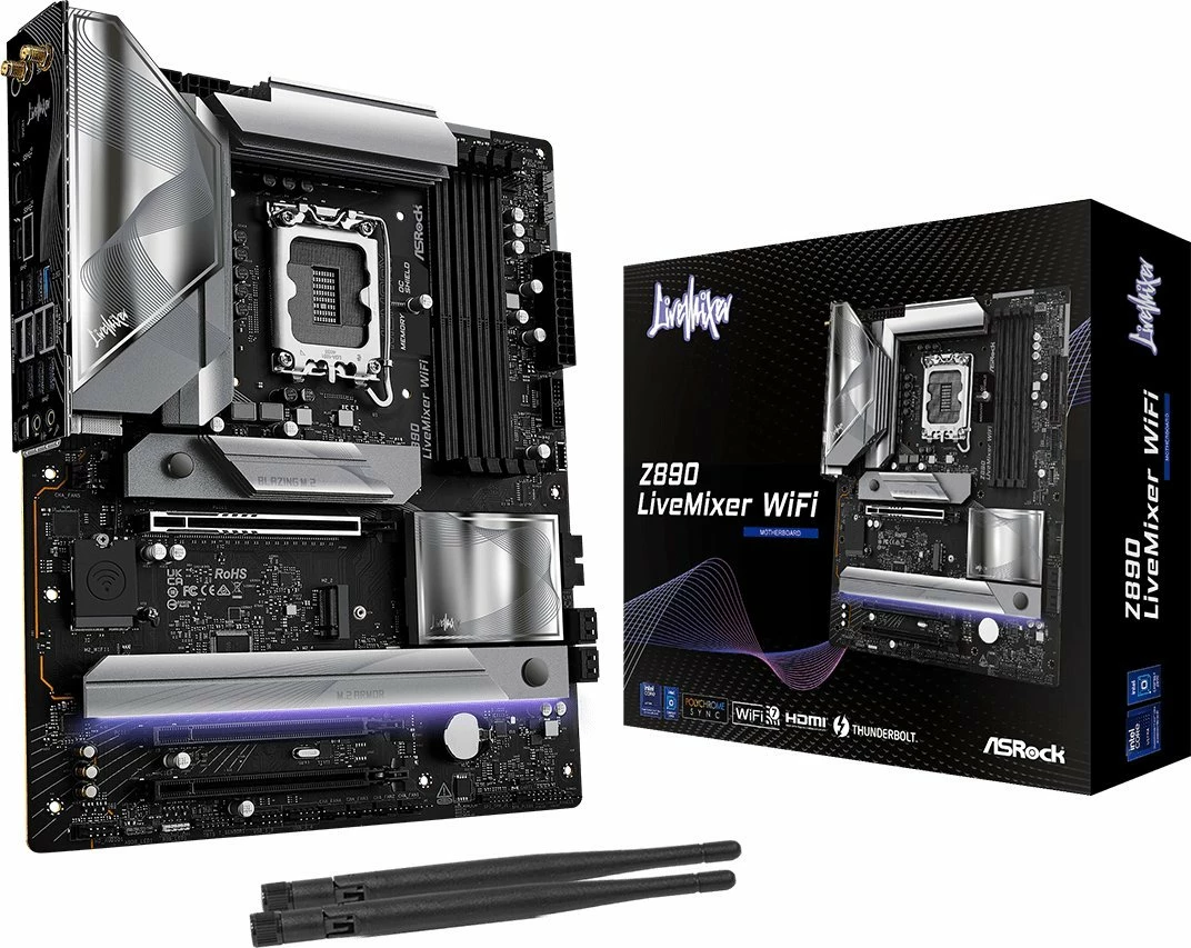 Pllakë amë ASRock Z890 LiveMixer WiFi ATX, DDR5 deri 256GB, Wi‑Fi 7, Thunderbolt 4, 2.5Gb LAN (me 2 antena WiFi, 2 kabllo SATA)
