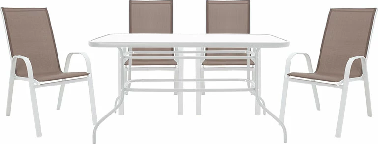 Tavolinë me karrige Valor-Calan B set prej 5 copë metalike e bardhë-tekstilen kafe 140x80x70cm