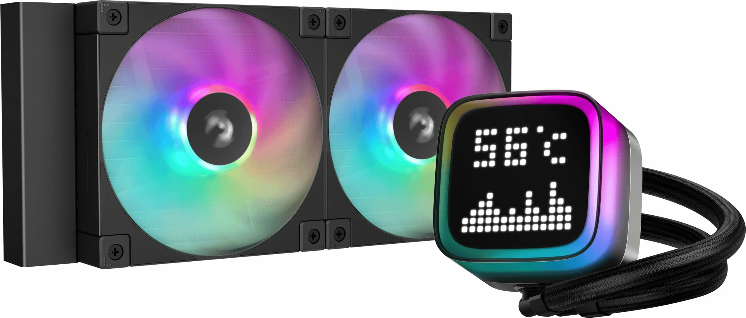 Ftohës me ujë AIO Deepcool LP240 (R-LP240-BKMSNC-G-1), radiator 240 mm, ARGB, ekran dot-matrix, i zi, set me 2 ventilatorë 120 mm