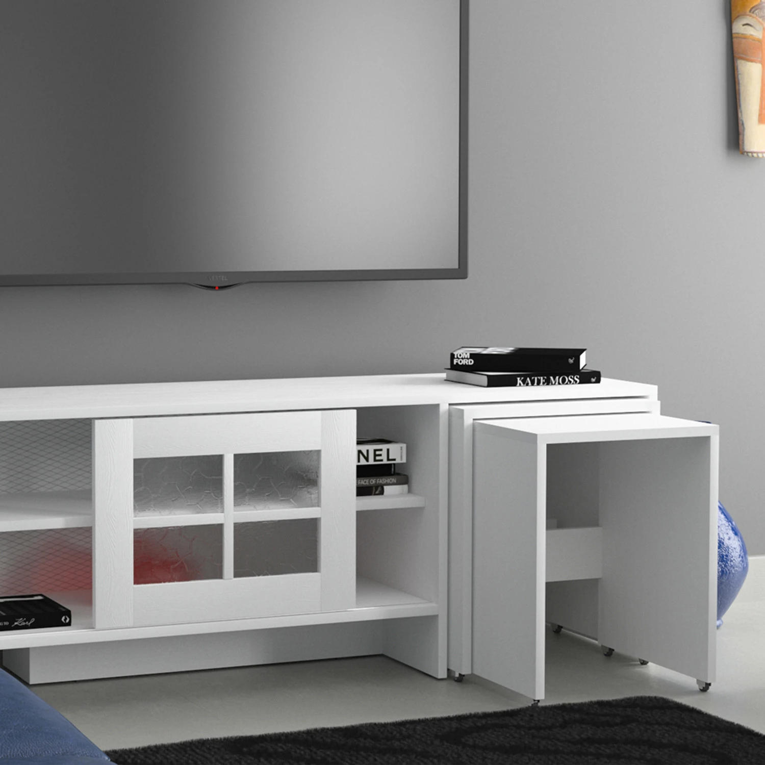 Komodë TV Hanah Home, Revival, e bardhë, me tavolina ndihmëse