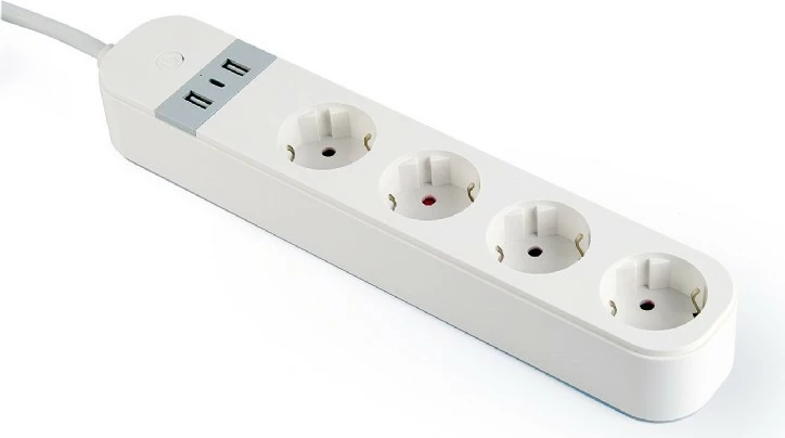 Zgjatues rryme smart Gembird TSL-PS-S4U-01-W, 4x prizë Schuko, 2x USB-A + 1x USB-C, kabllo 1.5 m, i bardhë