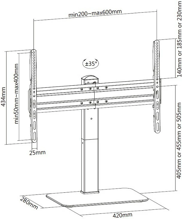 Mbajtës tavoline për TV/monitor Equip 650612, 37-70", VESA 200x200-600x400, rregullueshëm në lartësi, i zi