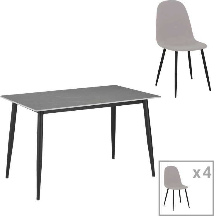 Tavolinë me karrige Gustas-Bella C set prej 5 copash, gur i sinteruar mermeri gri, metal i zi, 140x80x75cm