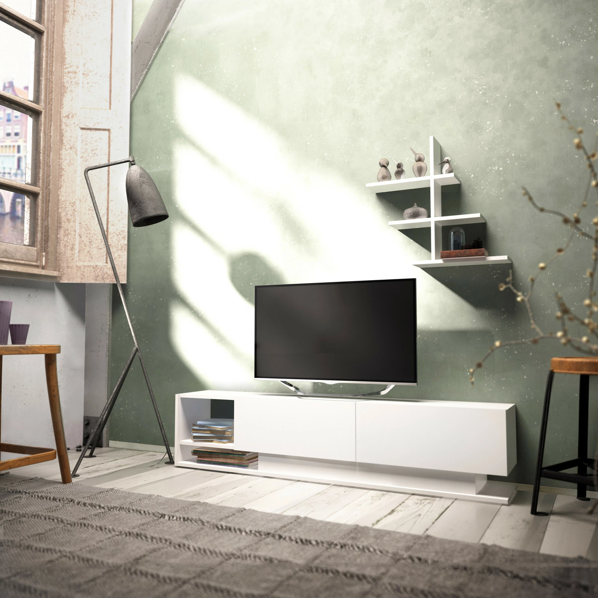 Komodë TV moderne, ngjyrë e bardhë, Skye Decor, Liza