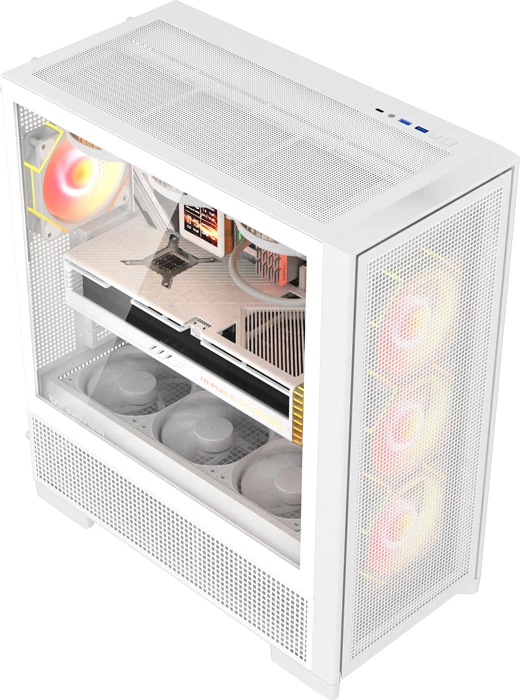 Kasë DarkFlash AIRNOVA Big Tower, mbështetje E-ATX/ATX/M-ATX/ITX, deri 420 mm radiator, USB Type-C Gen2 10 Gbps, set me 3 ventilatorë, e bardhë