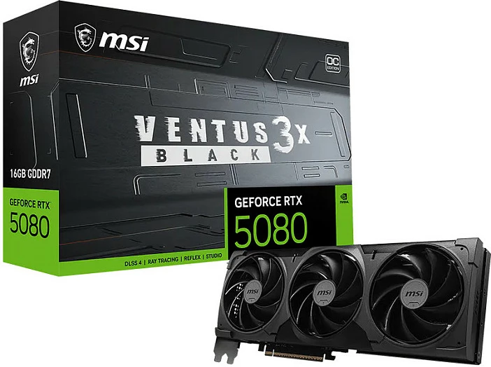 Kartelë grafike MSI GeForce RTX 5080 VENTUS 3X OC BLACK, 16GB GDDR7, 3 fan