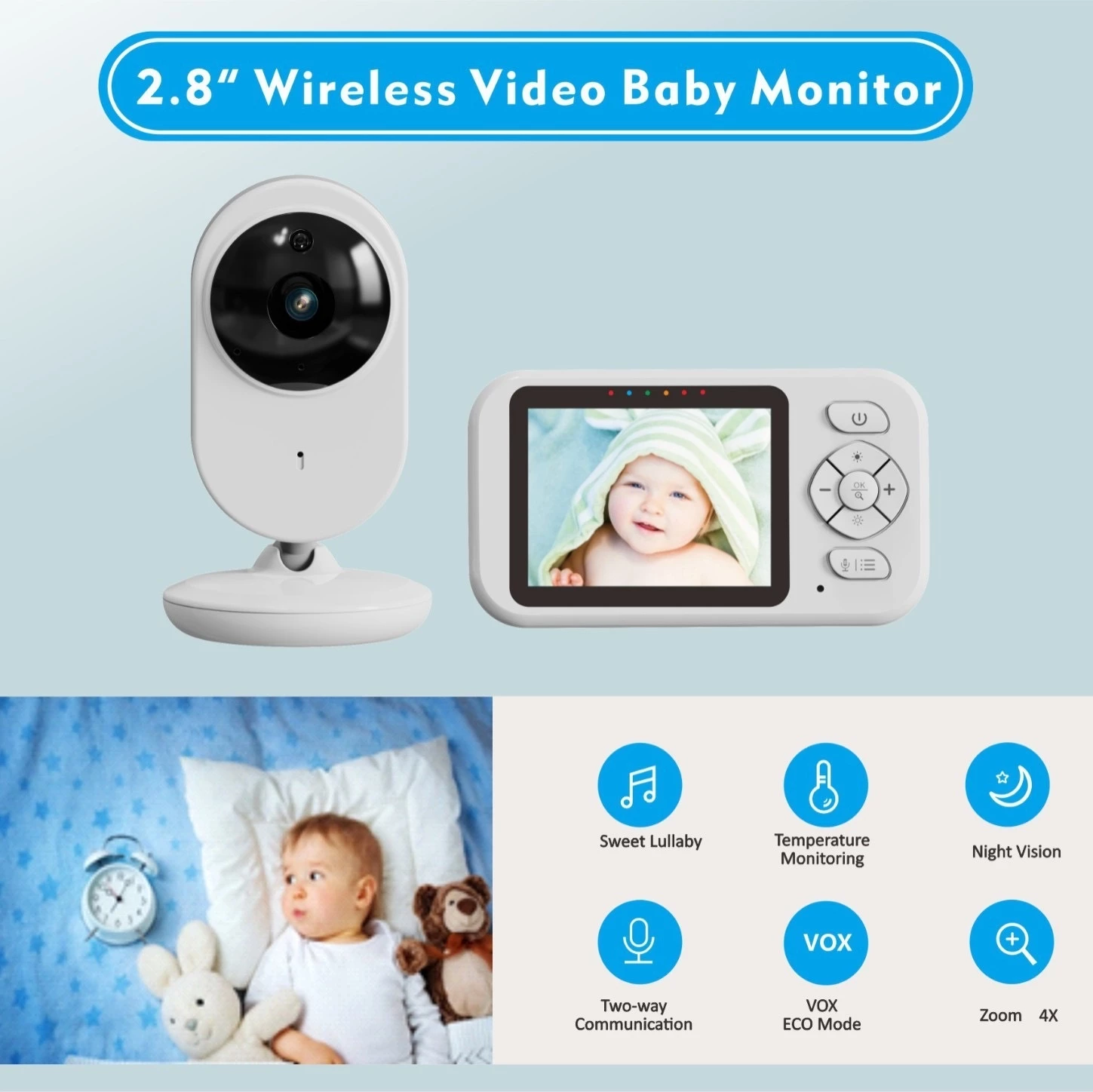 Video Baby Monitor 2.8” LCD Wireless – Kamera për Foshnje me Night Vision, Two-Way Talk, VOX, Alarm Temperature & Zoom 4X
