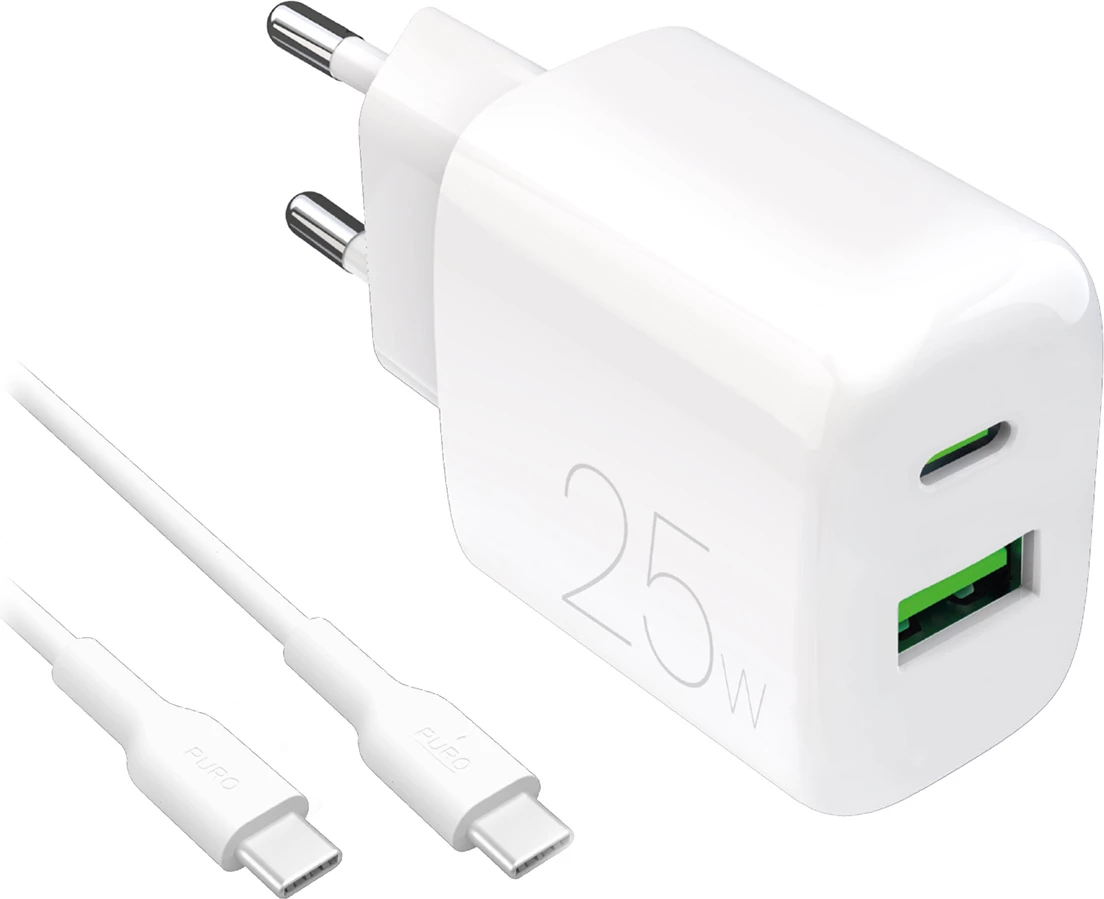 Karikues muri Puro PROLITE 25W me USB-A/USB-C + kabllo USB-C në USB-C 1.2m, Bardhë
