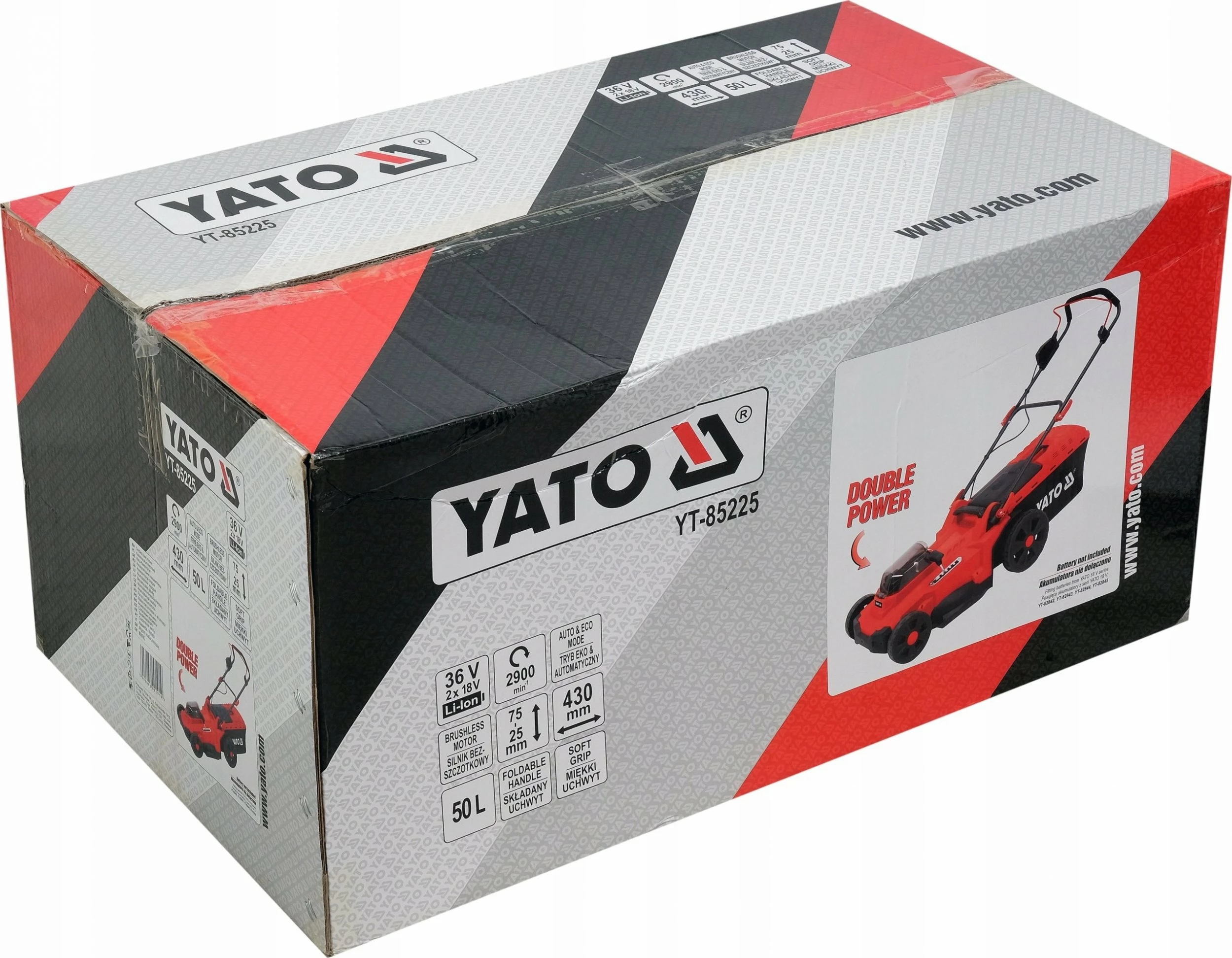 Kositëse bari me bateri Yato YT-85224 36 V, 43 cm, shportë 50 L, 2x 4.0 Ah, karikues i dyfishtë, e kuqe/zezë