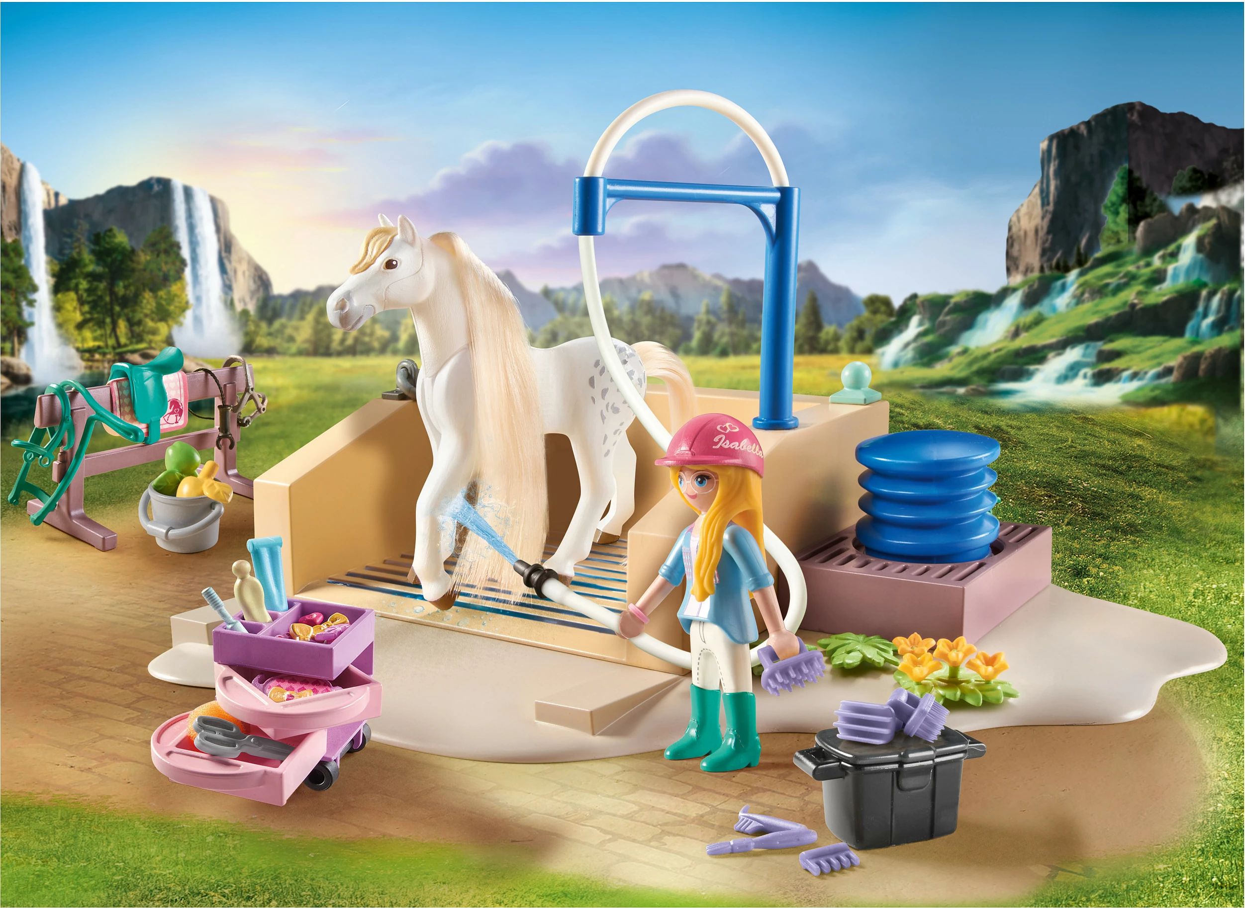 Set lodër Playmobil Horses of Waterfall 71354, stacion larjeje kuajsh, 86 copë, shumëngjyrësh
