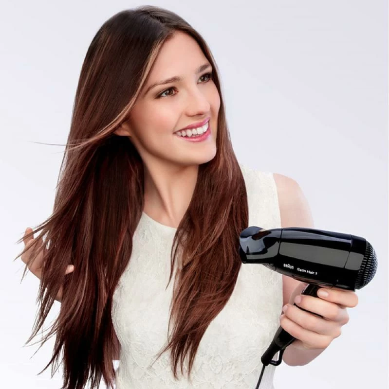 Tharëse flokësh, Braun, Satin Hair 1 HD130 Travel (BRHD130E), kompakte për udhëtim, e zezë/kafe