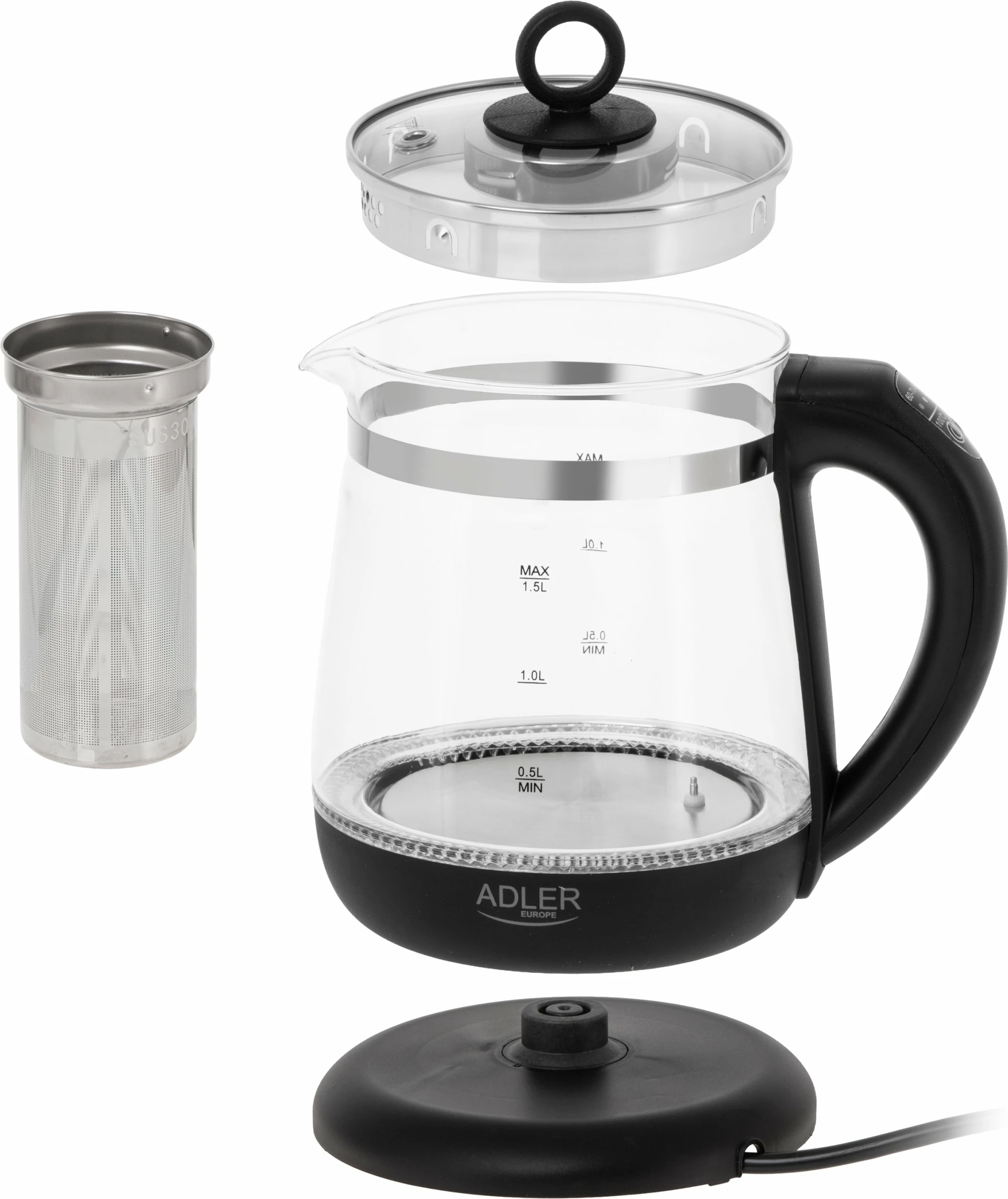 Çajnik elektrik Adler AD 1299 1.5L me kontroll temperature, qelq, infuzer, 2200W, i zi
