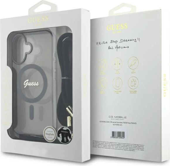 Mbështjellës Guess Crossbody Cord Script MagSafe për iPhone 16, i zi
