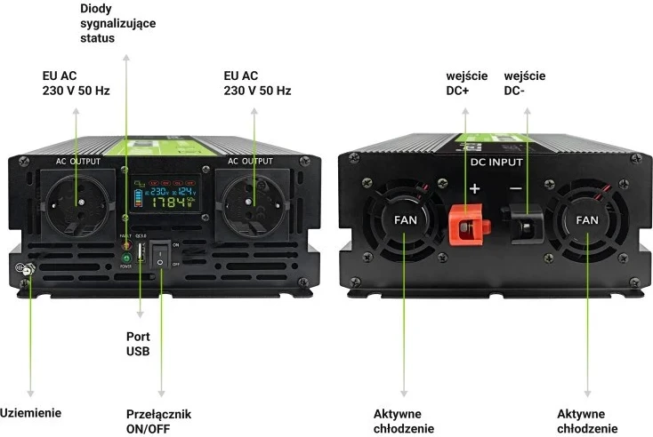Inverter për makinë Green Cell PowerInverter LCD 12V në 230V 2000W/40000W me ekran LCD - valë të pastër