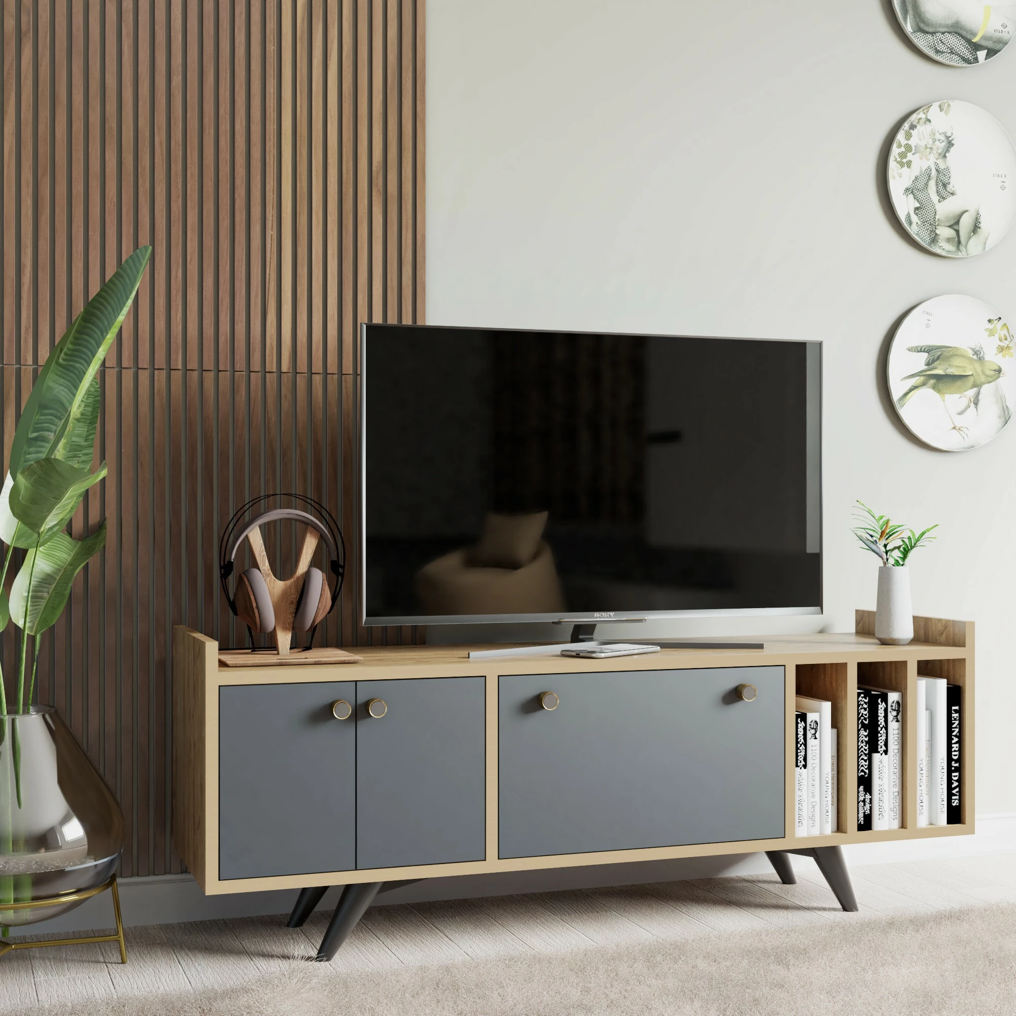Komodë TV Skye Decor, Maribor, anthracite dhe lis, 150x40x62cm