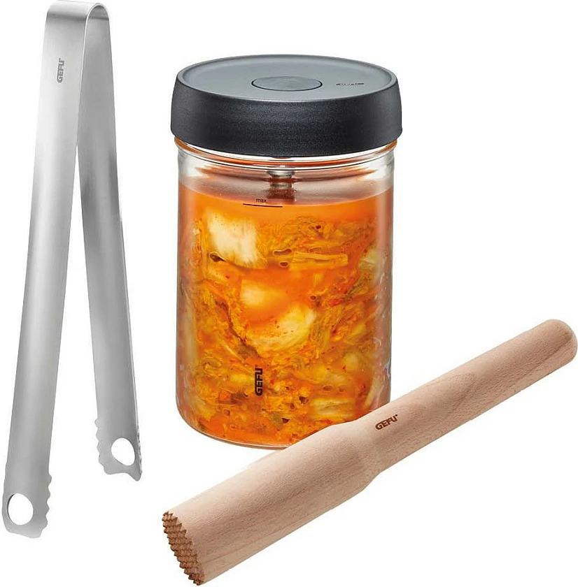Set fermentimi Gefu NATIVO, kavanoz qelqi me kapak, darë inox, shtypës druri, gri
