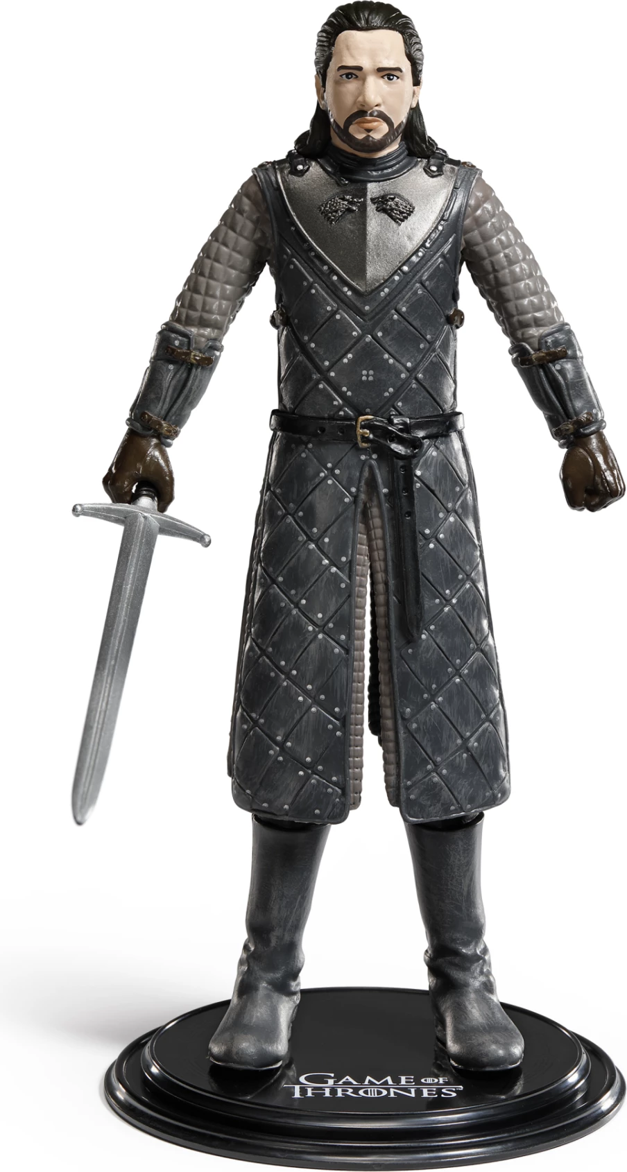 Figurinë fleksibile NOBLE COLLECTION Bendyfigs Game of Thrones Jon Snow 18.5 cm, gri/zezë, me shpatë Longclaw dhe bazë