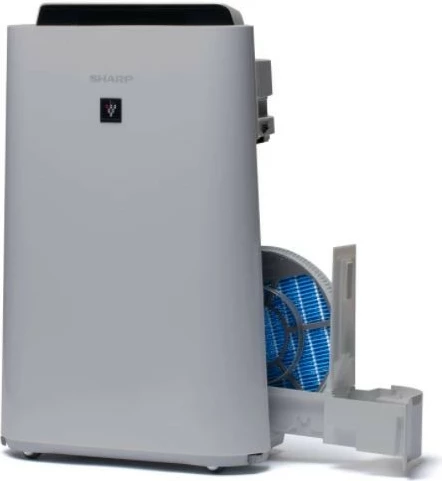 Pastrues ajri Sharp UA-HD50E-L, me jonizim Plasmacluster dhe lagështim, 38 m², 3-fish filtër HEPA, depozitë uji 2.5 L, gri