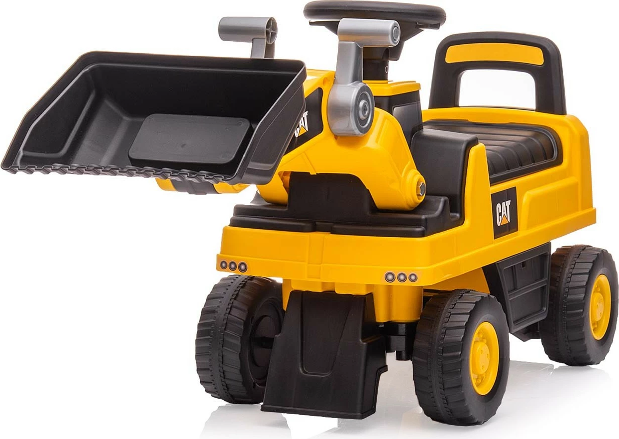 makinë lodër me hipje Milly Mally CAT Loader 5299, 4 rrota, krah e kovë lëvizëse, horn me AAA, deri 25 kg, 12–36 muaj, zezë/verdhe