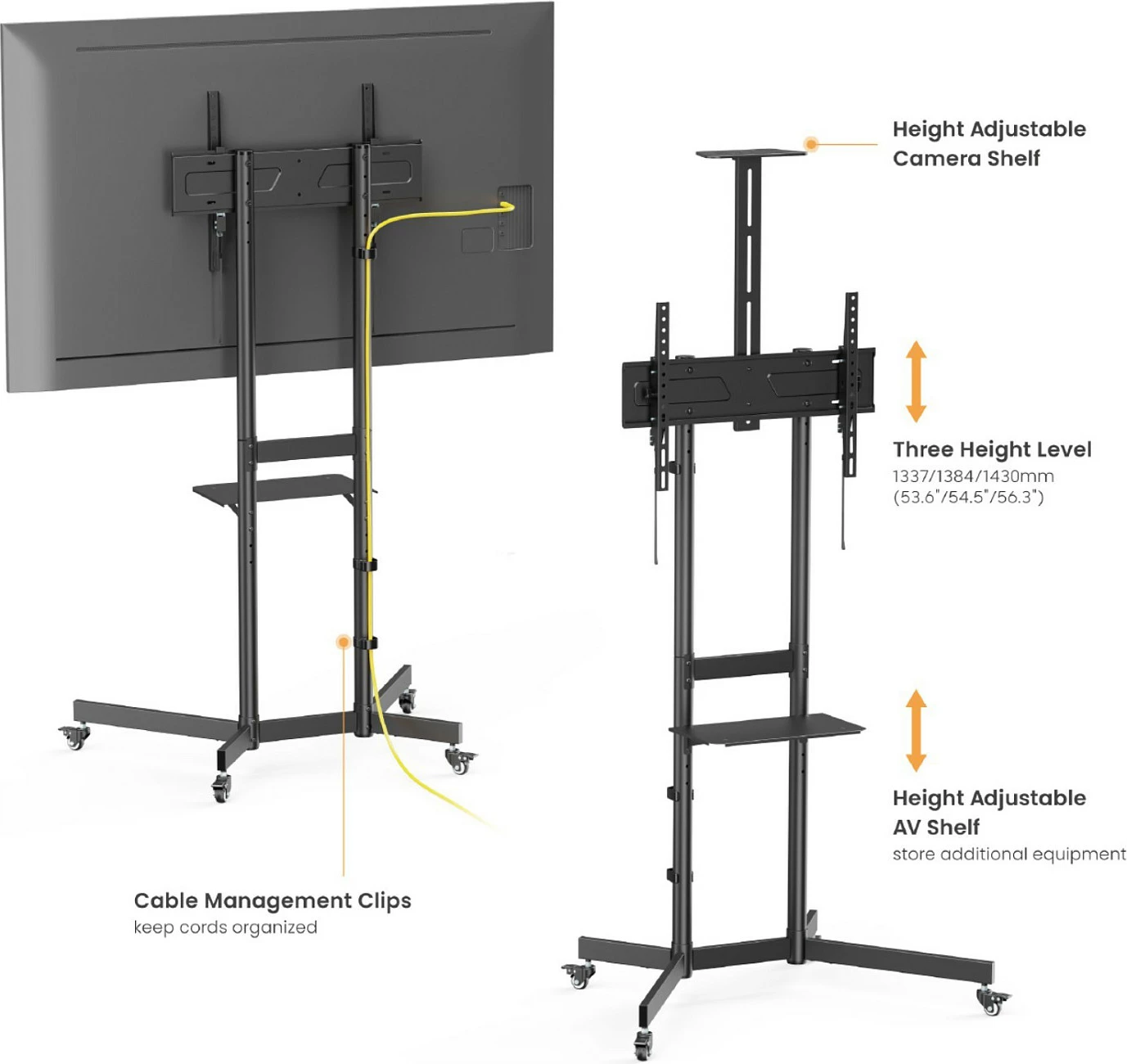 Mbajtëse dyshemeje për TV/monitor EQUIP 650636, 37"-70", VESA 100x100-600x400, 70 kg, me rrota, e zezë