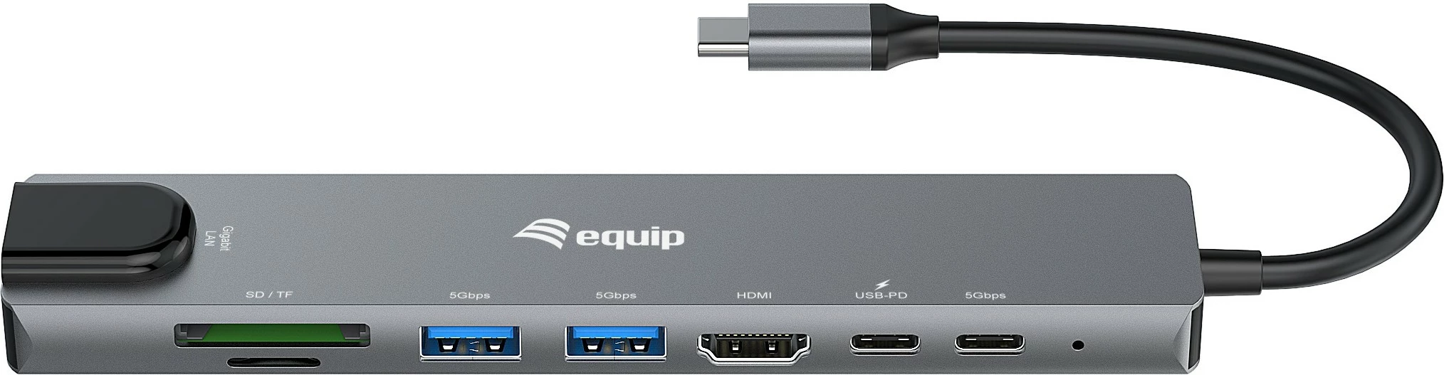 Adapter USB-C Equip, HDMI, 3x USB 3.2 Gen1, SD/TF, PD 100W, e zezë/gri
