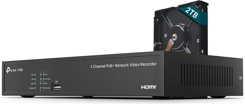 Regjistrues video rrjeti (NVR) TP-Link VIGI NVR1004H-4P, 4 kanale PoE+, HDD 2TB, 4K, i zi
