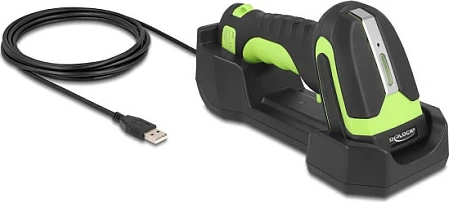 Skaner barkodi DeLOCK 90588, 1D/2D, wireless Bluetooth 4.1 + RF 433 MHz, me bazë karikimi, i zi/jeshil