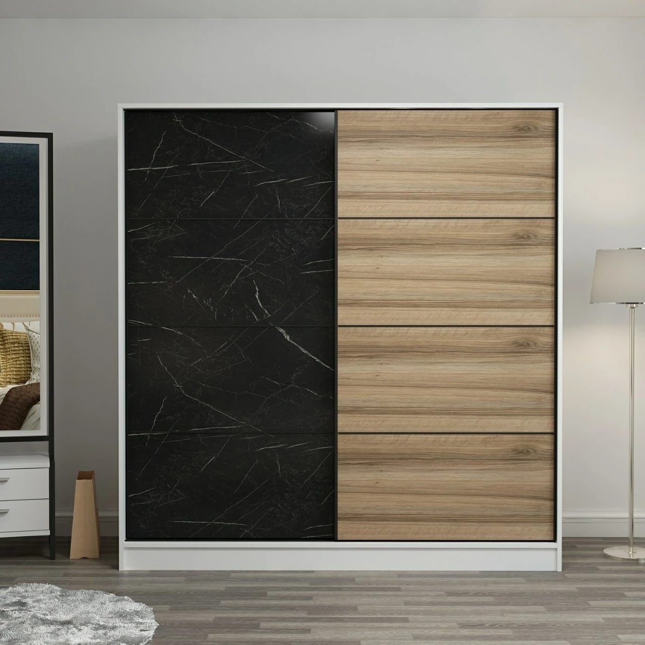 Dollap për dhomë gjumi, ngjyrë e bardhë, e zezë dhe dore, Skye Decor, 180x190x52cm