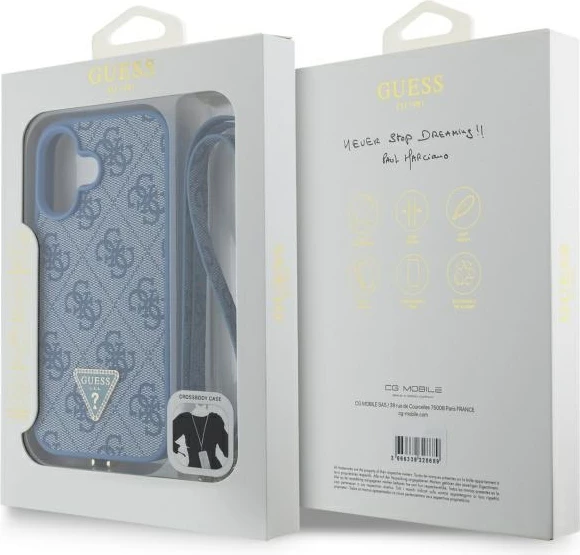 Mbështjellës Guess për iPhone 16, lëkurë, logo metalike, rrip, Blu